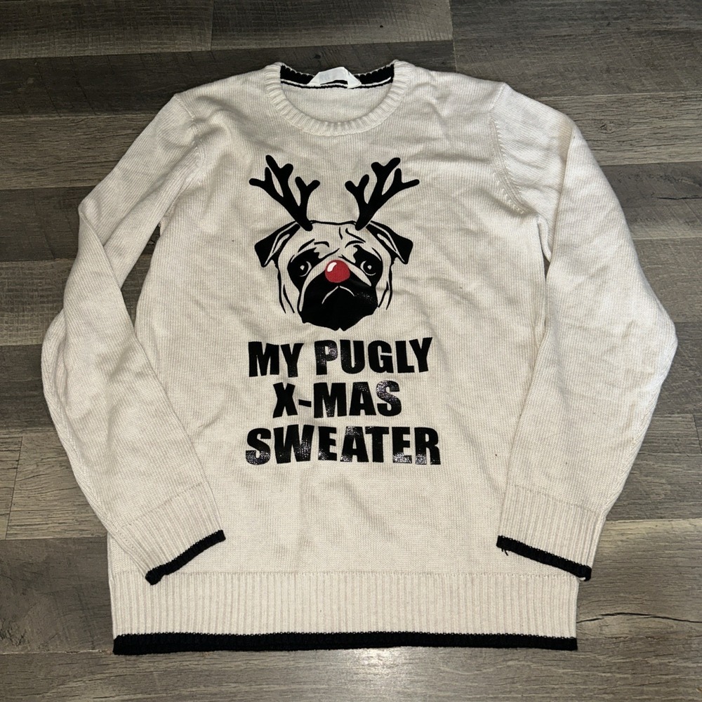H&M Sweater Youth 14 White My Pugly Xmas Outerwear Winter Comfort Pug Casual